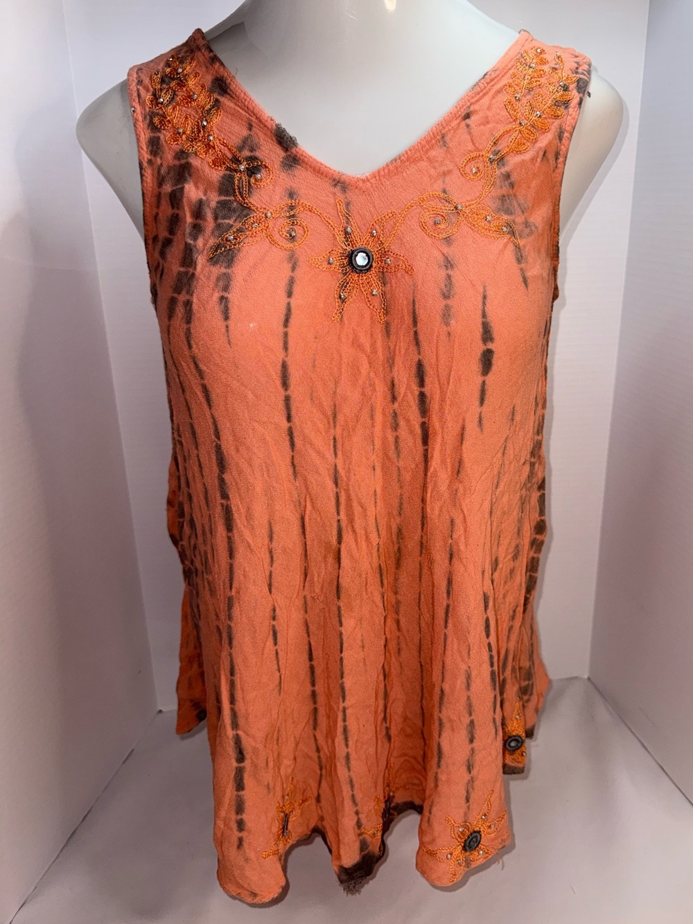 raya sun vintage Embellished Coral and Brown Tie-Dye Tank